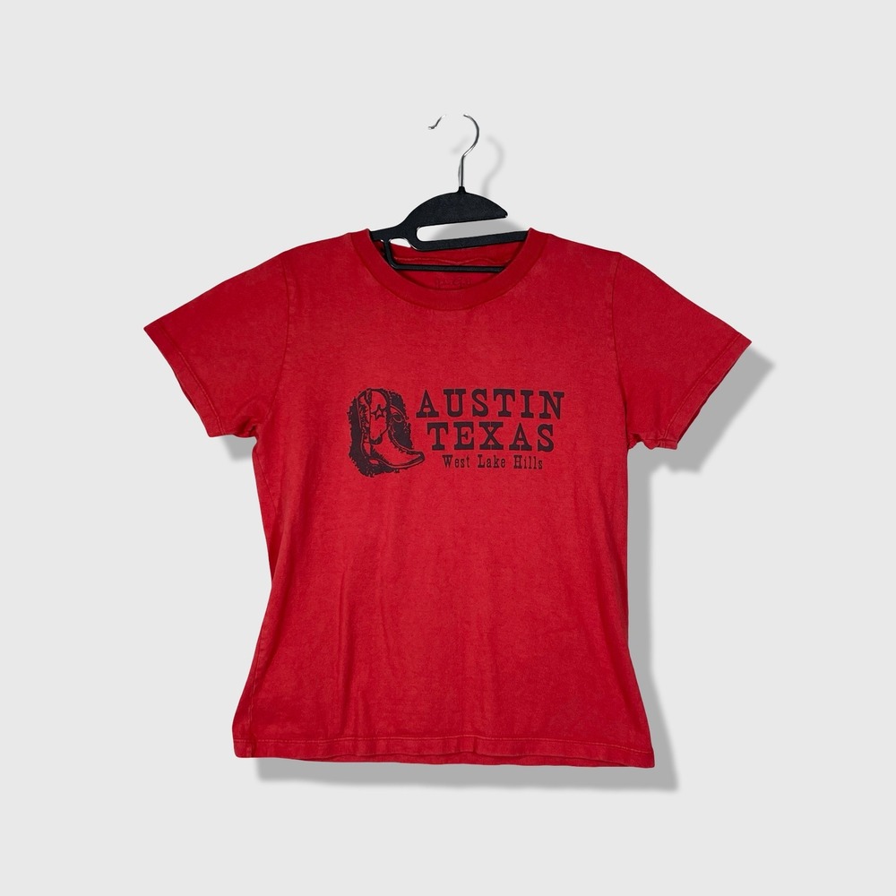 John Galt Austin Texas Graphic T-Shirt Women One Size Red Western Cowgirl Indie